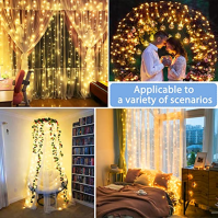 Amzeeniu String Light Curtain 3m X 3m, 300 LED USB String Light Curtain 8 módů s dálkovým ovládáním, 10 háčků, LED Fairy Lights,